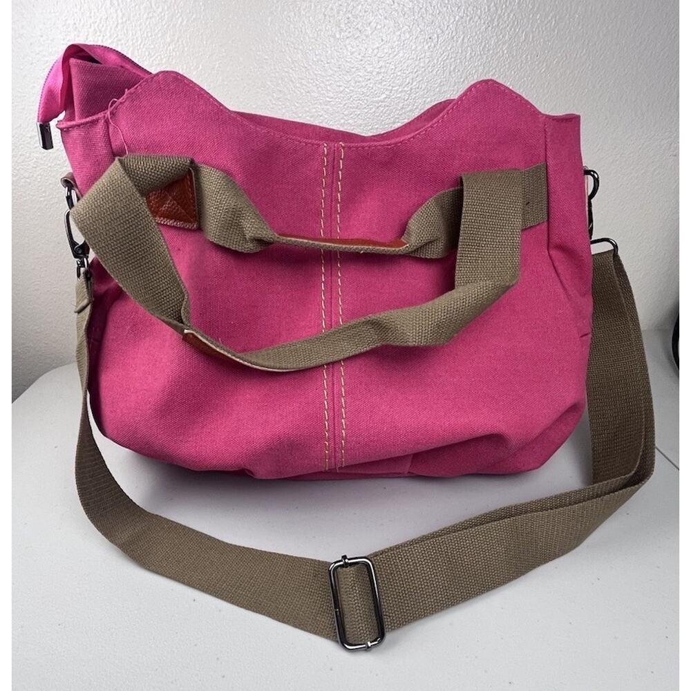 Chicken Call Satchel Shoulder Crossbody Bag Pink Canvas Leather Trim Size Medium